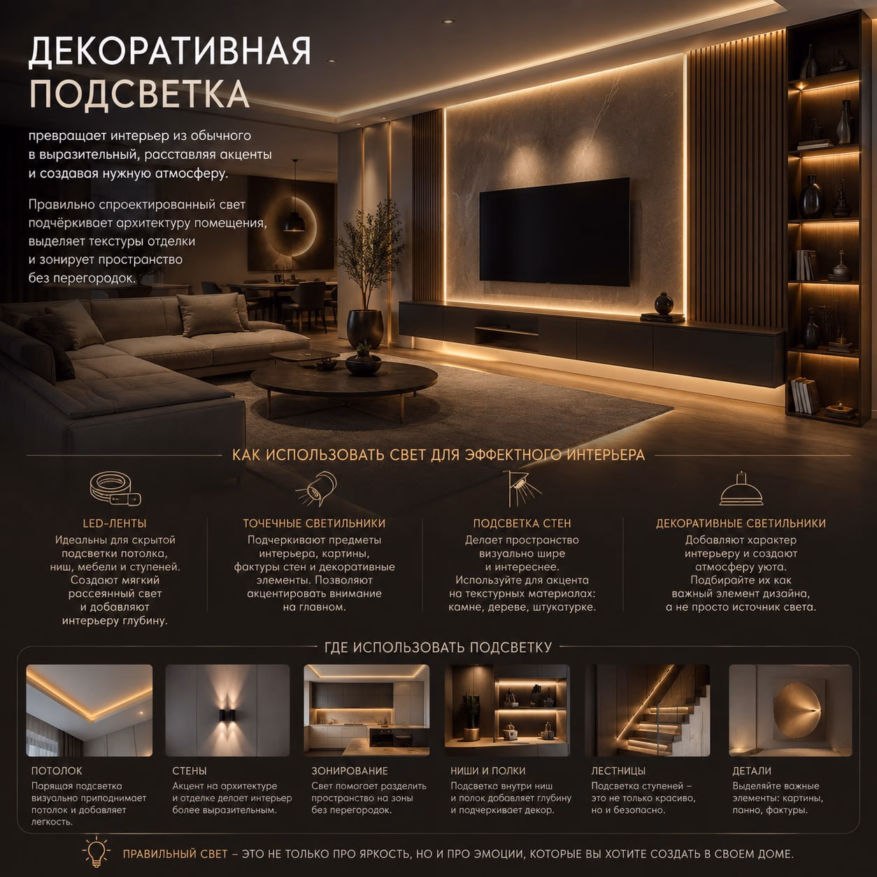 Декоративная подсветка, стен, потолка, акцентов